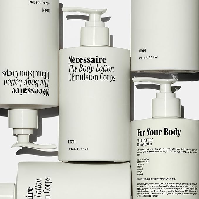 Nécessaire The Body Lotion with Pump. Hinoki. Multi-Peptide Firming Lotion to Moisturize, Firm, Strengthen. 2.5% Niacinamide, Vitamin C/E + Omega 6/9. 450ml / 15.2 fl oz