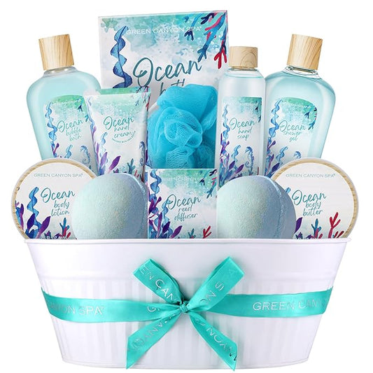 Green Canyon Spa Gift Baskets for Women, Bath and Body Gift Set for Women, 12Pcs Ocean Spa Sets Includes Bubble Bath, Body Lotion,Mothers Day Gifts for Her,Spa Baskets