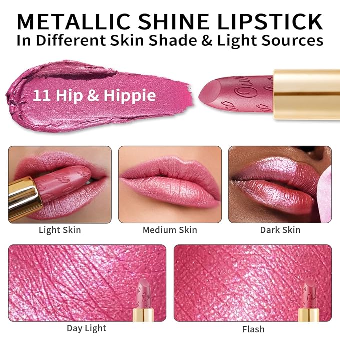 Oulac Pink Lipstick for Women with Metallic 3D Shine Lightweight Hydrating Formula, High Impact Lip Color, Vegan Beauty, Full Coverage Lip Makeup, Christmas Gifts for Women, Hip & Hippie(11)
