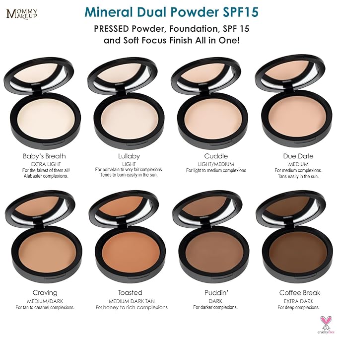 Mineral Dual Powder in Due Date (Medium) | 4-in-1 Pressed Mineral Foundation with SPF 15 for Flawless Glow & Soft Looking Skin | Oil Free, Talc Free, Gluten Free | 0.45 Oz | by Mommy Makeup
