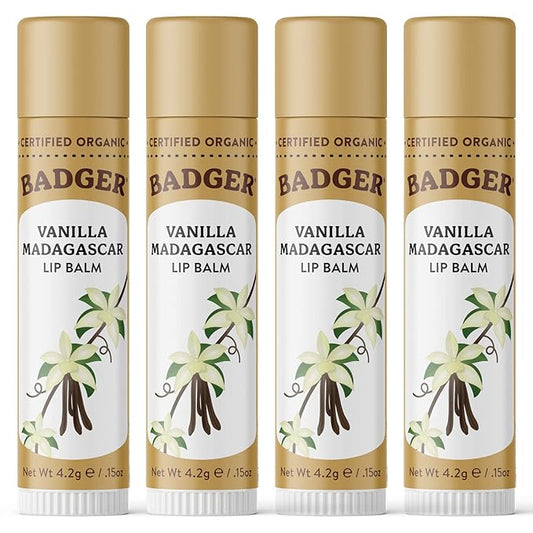 Badger - Classic Lip Balm, Vanilla Madagascar, Made with Organic Olive Oil, Beeswax & Rosemary, Certified Organic, Moisturizing Lip Balm, 0.15 oz (4 Pack)