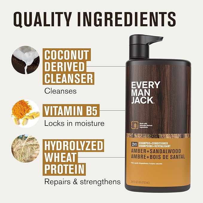 Every Man Jack 2-in-1 Daily Shampoo + Conditioner - Amber + Sandalwood | Nourishing For All Hair Types, Naturally Derived, Cruelty-Free Shampoo and Conditioner Set for Men | 24oz -1 Bottle