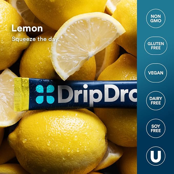DripDrop Hydration Packets - Lemon - Single Serve Electrolytes Powder Drink Mix - Non-GMO, Gluten Free, Vegan - 32 Sticks