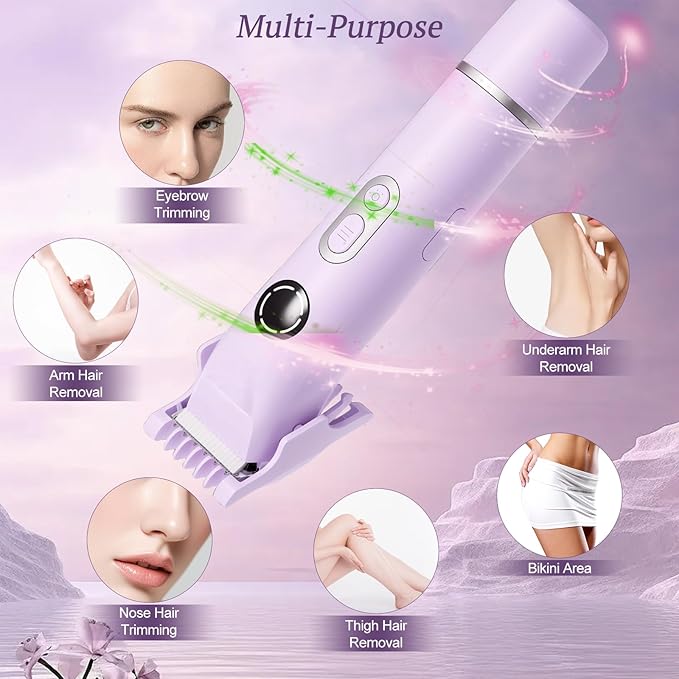 Bikini Trimmer for Women, 4 in 1 Wet/Dry Electric Razors for Women - Dual Head, Painless Rechargeable Portable Womens Razors for Shaving Set for Face, Nose, Eyebrows, Armpits, Bikini Area (Purple)