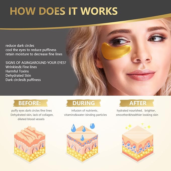 24K Gold Eye Mask, 30 Pairs, Natural Anti-aging Eye Pads for Puffy Eyes, Dark Circles, and Eye Bags with Amino Acid & Collagen, with Revitalize and Hydrate Your Skin