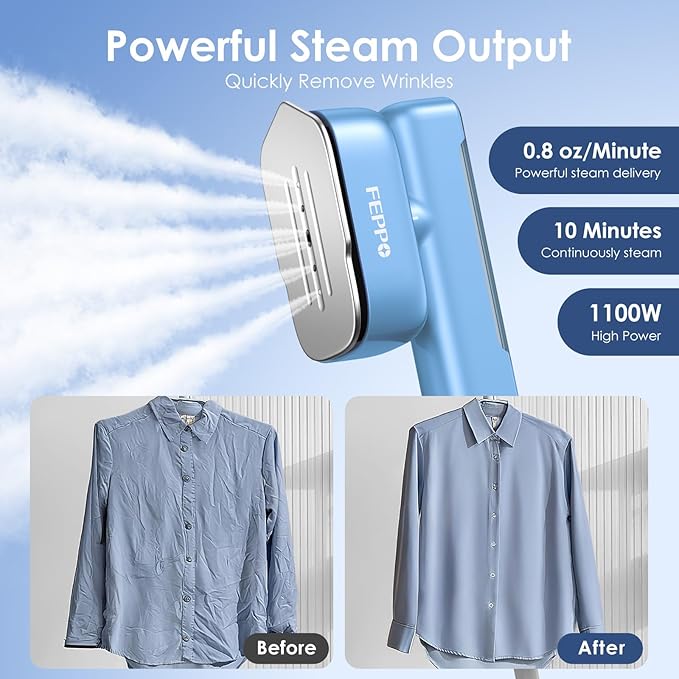 FEPPO Travel Steamer for Clothes, 110-240V Dual Voltage Portable Mini Steamer & Iron 2in1, 1100W Powerful Garment Steamer, Fast Heat Up, Travel Size, HD Display, for Home & Global & Europe Travel