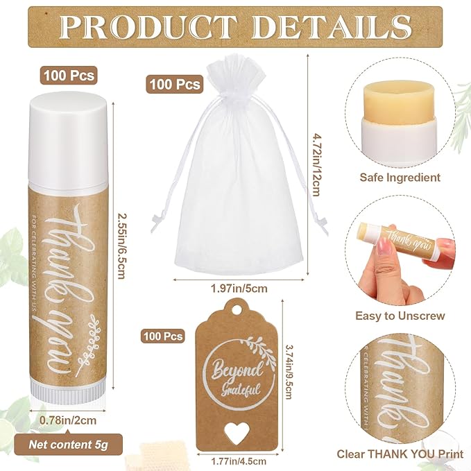 100 Set Thank You Lip Balm Bulk Small Natural Moisturizing Mini Lip Balm with Organza Bag and Card for Baby Wedding Bridal Shower Thank You Favors Bridesmaid Gifts Women Guests