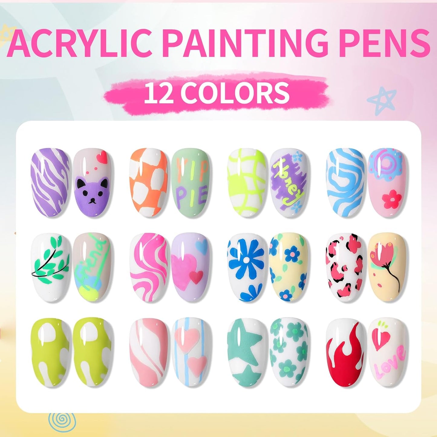 BORN PRETTY Nail Art Pens Set 12 Colors - Halloween Neon Colors 3D Nail Polish Acrylic Paint Pens Quick Dry Nail Markers for Halloween Nail Art Drawing Painting Dotting Liner Pen DIY Manicure Tools