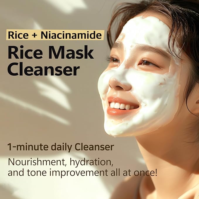 Rice Mask Cleanser 6.76 fl oz - Glow-Boosting & Hydrating Face Wash with Jeju Rice & Natto Gum, Gentle Exfoliating Daily Foam Cleanser, Deep Pore Cleansing, Non-Irritating- Korean Skin Care