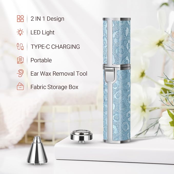 Facial Hair Remover for Face Lip, Electric 2 in 1 Face Shaver and Eyebrow Trimmer, Rechargeable Blue Nose Hair Trimmer for Women with Built-in LED Light