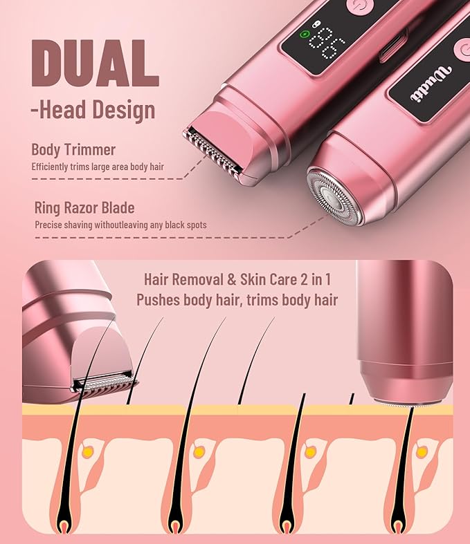 Electric Bikini Trimmer for Women: Razor & Shaver with Dual Heads for Body Pubic Hair, IPX7 Waterproof with LED Display - Rechargeable Lady Trimmer for Underarm Body Leg Face