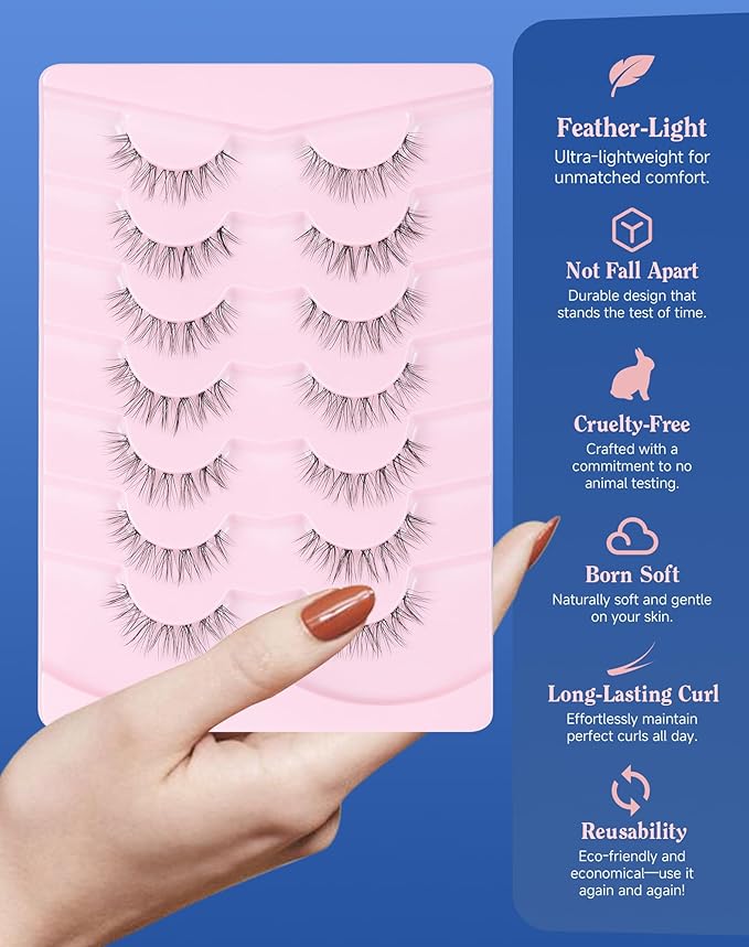Lashes Natural CLear Band Wispy False Eyelashes Natural Look Flared Strip Eyelash False Eye Lash Soft 7 Pairs Everyday SF-02