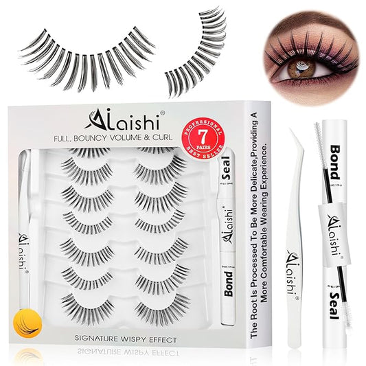 Wispy False Eyelashes Kit With Bond, Seal and Tweezer, 7 Pairs Natural Look Fake Cat Eye Lashes Strips Thin Band Extensions Waterproof Easy Eyelashes for Beginners DF99#