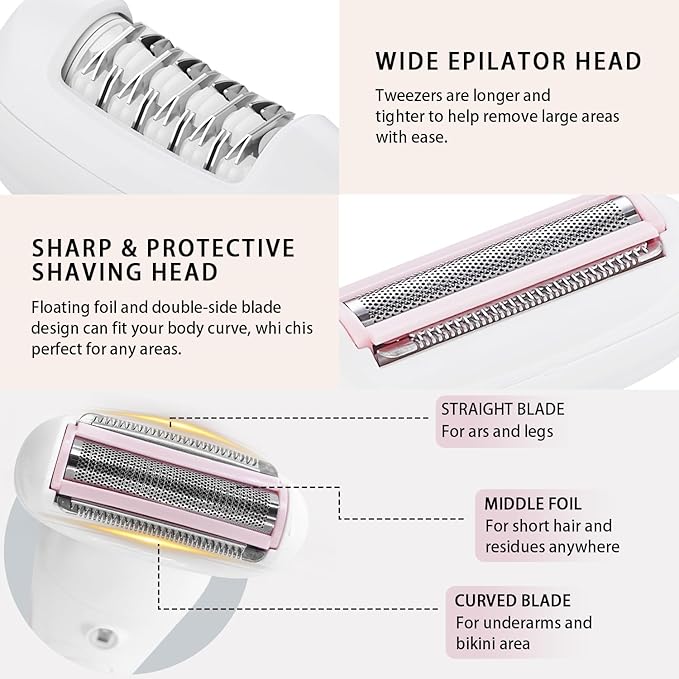 5 in 1 Electric Shaver for Women,Epilators Hair Removal for Women's Body, Electric Razor for Women Legs Public Area Bikini Trimmer, Face Scrubber, Facial Cleaning Brush Dry Wet Gift Set (Pink)