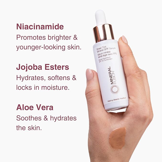 Mineral Fusion Face Serum, Sheer Tint Mineral SPF Serum, 1 Fl Oz, Medium, Tinted Broad Spectrum SPF 50 Mineral Sunscreen, Sheer Coverage, Lightweight & Dewy Finish for Glowing, Protected Skin