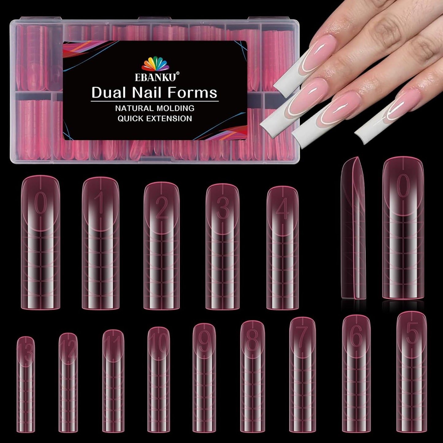 EBANKU Dual Nail Forms for Poly Extension Gel, Reusable Nail Molds 15 Sizes Nail Extension Forms for Builder Gel Manicure Design Salon DIY, 140 Pieces, 14 Sizes