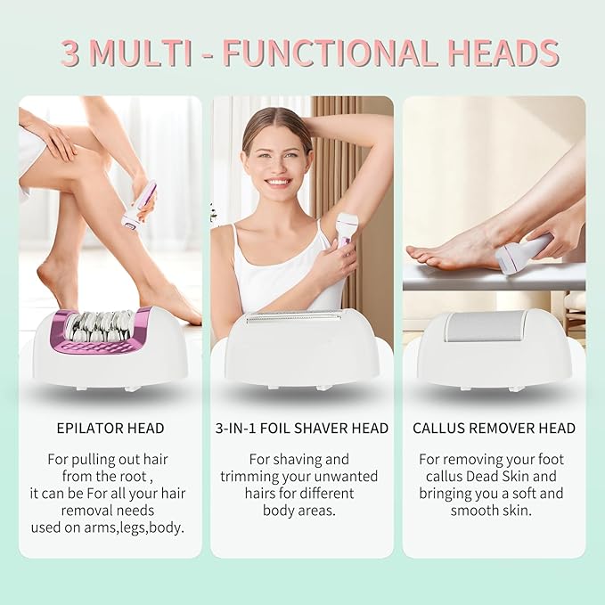 Epilator for Women 3-in-1 Epilator, Body Hair Removal Device,Wet/Dry, Waterproof, Cordless Rechargeable Electric Trimmer & Shaver & Callus Remover for Women & Men 606 Pink