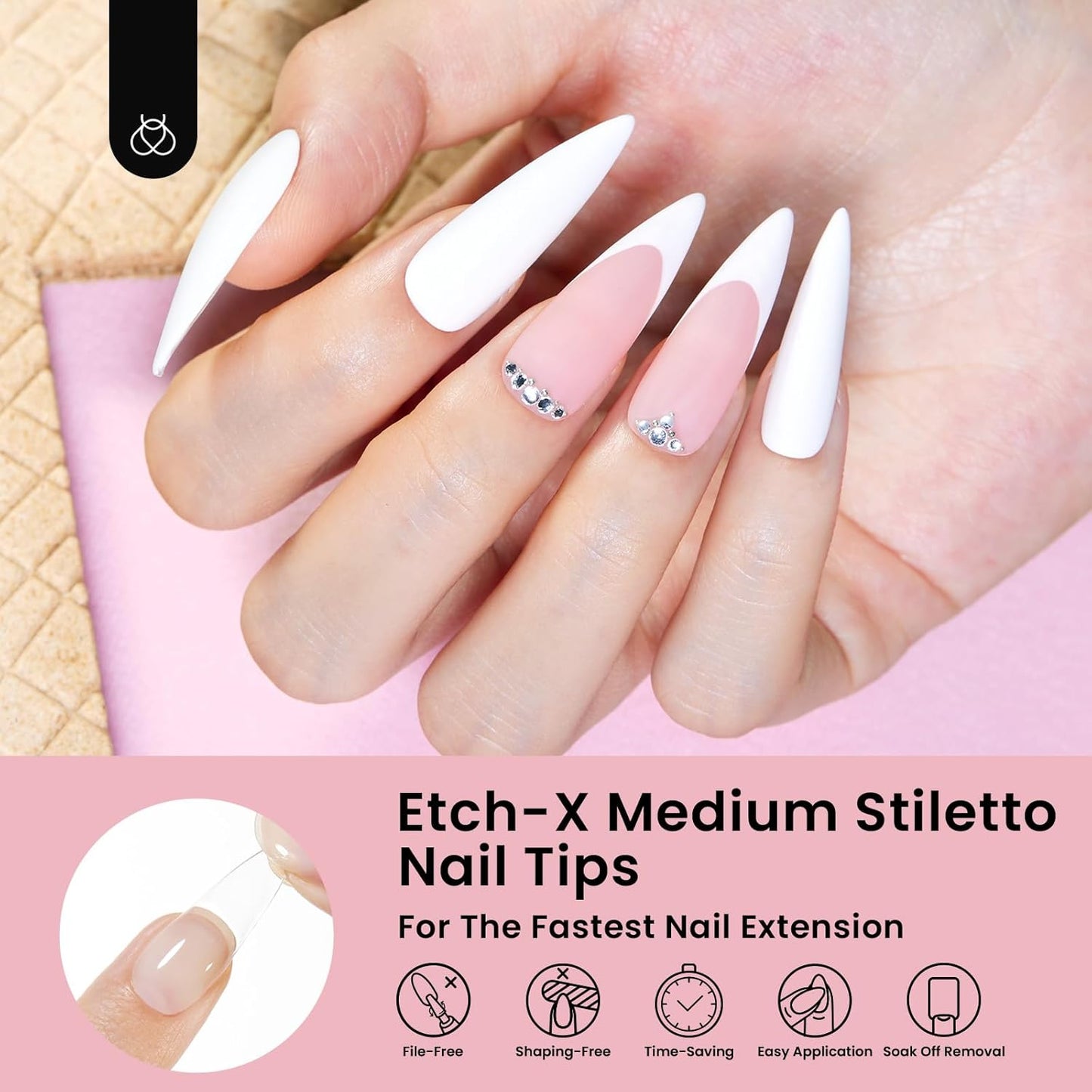 Beetles Gel Nail Tips Etch-X, Stiletto Medium, 288Pcs 12 Sizes, Pre-Etched Half Matte Full Cover Soft Acrylic False Nail Tips Pre-Shaped Easy DIY Fall Halloween Nail Extension Salon Gift for Women
