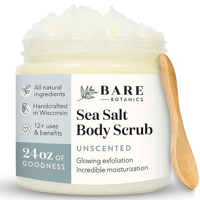 Bare Botanics Unscented Body Scrub 24 oz - Naturally Scented Sea Salt Scrub Made in Madison, WI - Formulated w/Skin Loving Moisturizers - Vegan, Cruelty Free Exfoliator w/a Cute Wooden Spoon