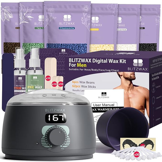 BLITZWAX Back and Nose Waxing Kit for Men, Hard Wax Warmer for Brazilian, Body and Face, At Home Hair Removal Kit, Beginner Friendly, Quick Heating, 93 Accessories, Charcoal Grey
