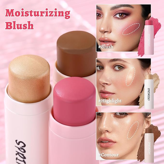 3Pcs Multi-Use Face Makeup Sticks Sets, Blendable Cream Blush Stick For Cheeks Lips, Highlighter Contour Shading Sticks Moisturizer Make Up Sets For Women (01)