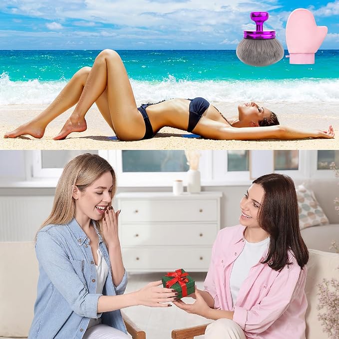 Self Tanner Brushes- Extra Large Body Kabuki Brush & Tanning Mitt, 2 Pcs, Big Body Makeup Brush for Legs, Face, Soft Self Tanning Glove Applicator for Fake Tan, Foundation, Lotion, Makeup (Purple)