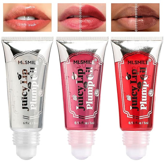 3Pcs Lip Plumper Gloss Set, Roll On Plumping Lip Oil Hydrating Glossy Lipstick Lip Care Serum Enhancer Nourishing Non-sticky High-Shine Lip Glass Mirror Glaze for Fuller Lips Mask Makeup-A