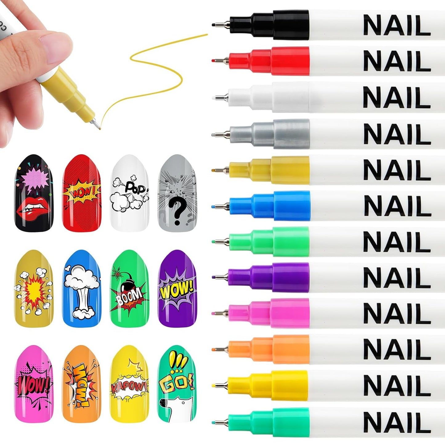12 Color 3D Nail Art Pens Set, Kalolary Nail Point Graffiti Dotting Pen Drawing Painting Liner Brush for DIY Nail Art Beauty Adorn Manicure Tools