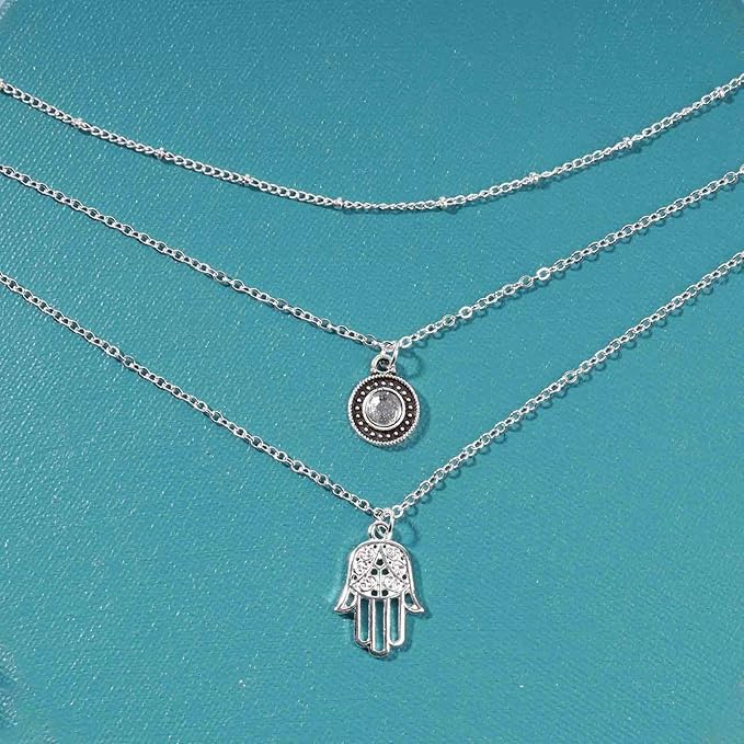 Boho Layered Opal Moonstone Necklace Silver Hamsa Pendant Necklace Futian Hand Necklace Chain Opalite Gem Necklace Jewelry for Women and Girls