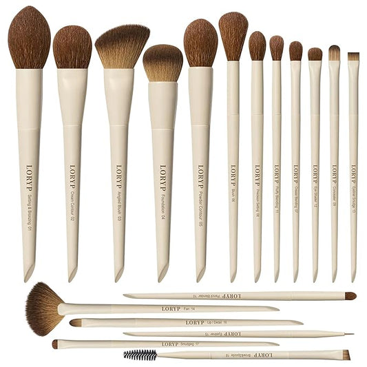 LORYP Makeup Brushes Set Labeled 18 Piece Face and Eye Brush Set Ultra soft hair Foundation, Concealer, Blush, Contour, Blending, Eyeshadow Khaki Brush kit