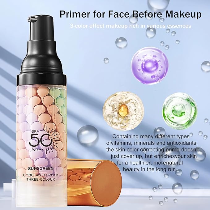 3 In 1Primer for Face Before Makeup,Sunscreen Isolation Cream, SPF 50, One Step Color Corrector Face Primer, Blurs Imperfections Oil Control & Moisturizing Skin Tone Correcting,Radiance Skin
