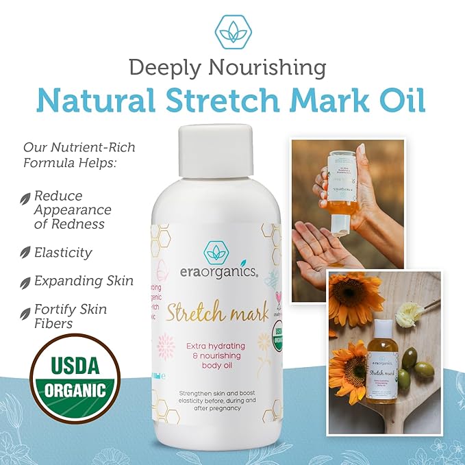 Era Organics Organic Stretch Mark Oil for Pregnancy - Extra Moisturizing Belly Oil for Pregnancy - Pregnancy Oil to Prevent Stretch Marks - Pregnancy Must Haves