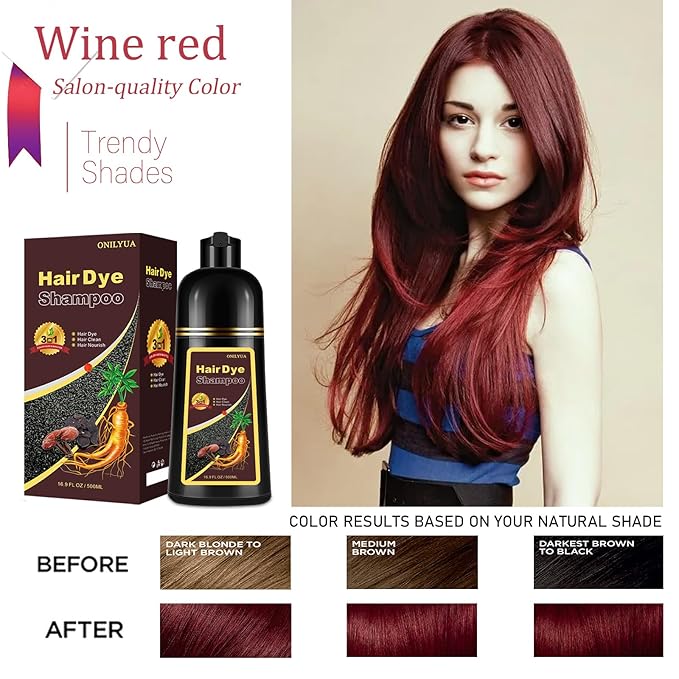 Burgundy Hair Dye Shampoo 3-IN-1,Gray Hair Coverage for Women & Men, Instant & Long-lasting Hair Color in Minutes, Pure Plant Extract Color Shampoo Hair Dye Kit for All Hair Types(Wine Red)