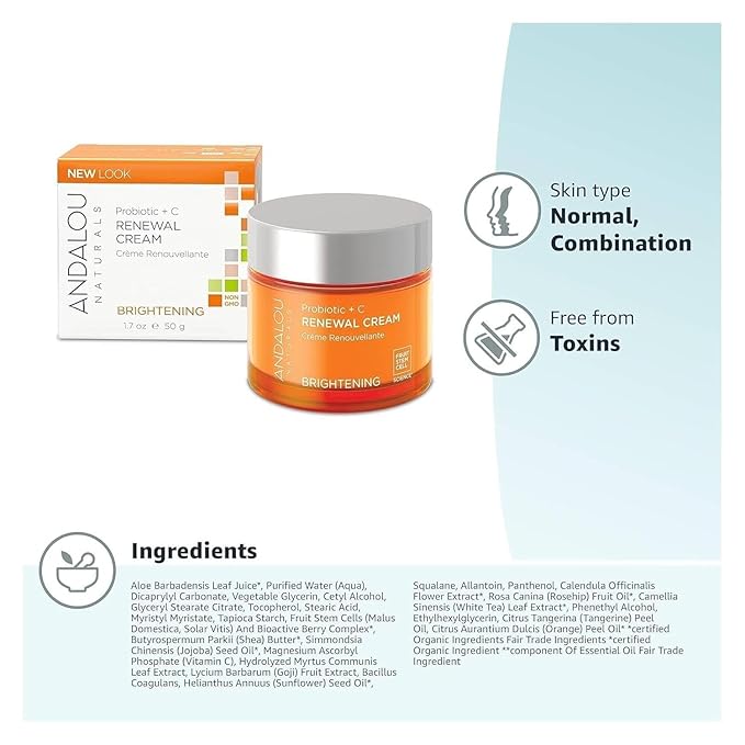 Andalou Naturals Probiotic + C Renewal Cream, Probiotic Plus C, Complexion Enhancing Face Moisturizer, Helps Promote Firmer Skin & More Even Skin Tone, Lightweight Hydrating Facial Moisturizer, 1.7 Oz