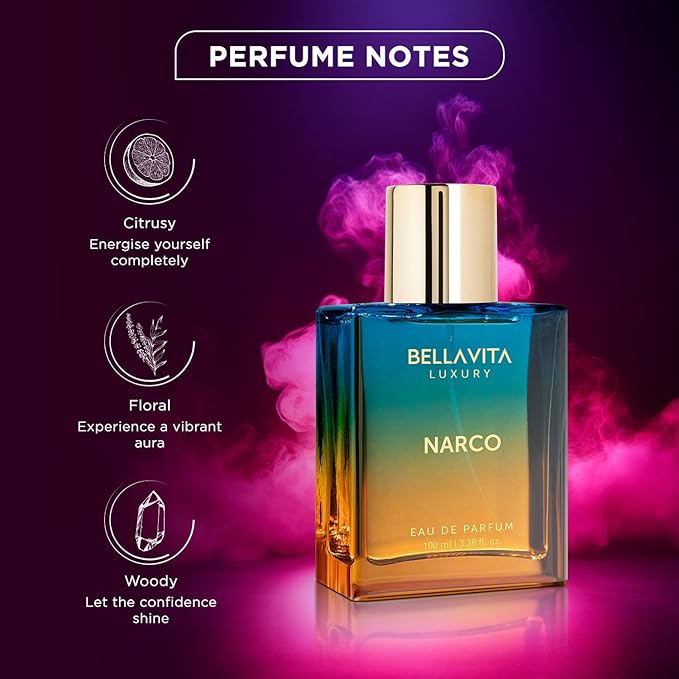 BELLAVITA Luxury NARCO Unisex Perfume for Women and Men | Notes of Bergamot, Jasmine and White Musk | Long-Lasting Luxury Perfume Oils | French Parfum for Women & Men, 100 ML