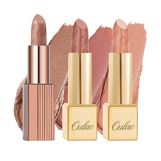 Oulac Metallic Nude Lipstick Set 3PCS, Comfortable Creamy Texture, Smooth No Grainy Feeling, Vegan & Gluten Free, Full-Coverage Lip Makeup, 3 X 4.3 g, 601+GM03+GM14