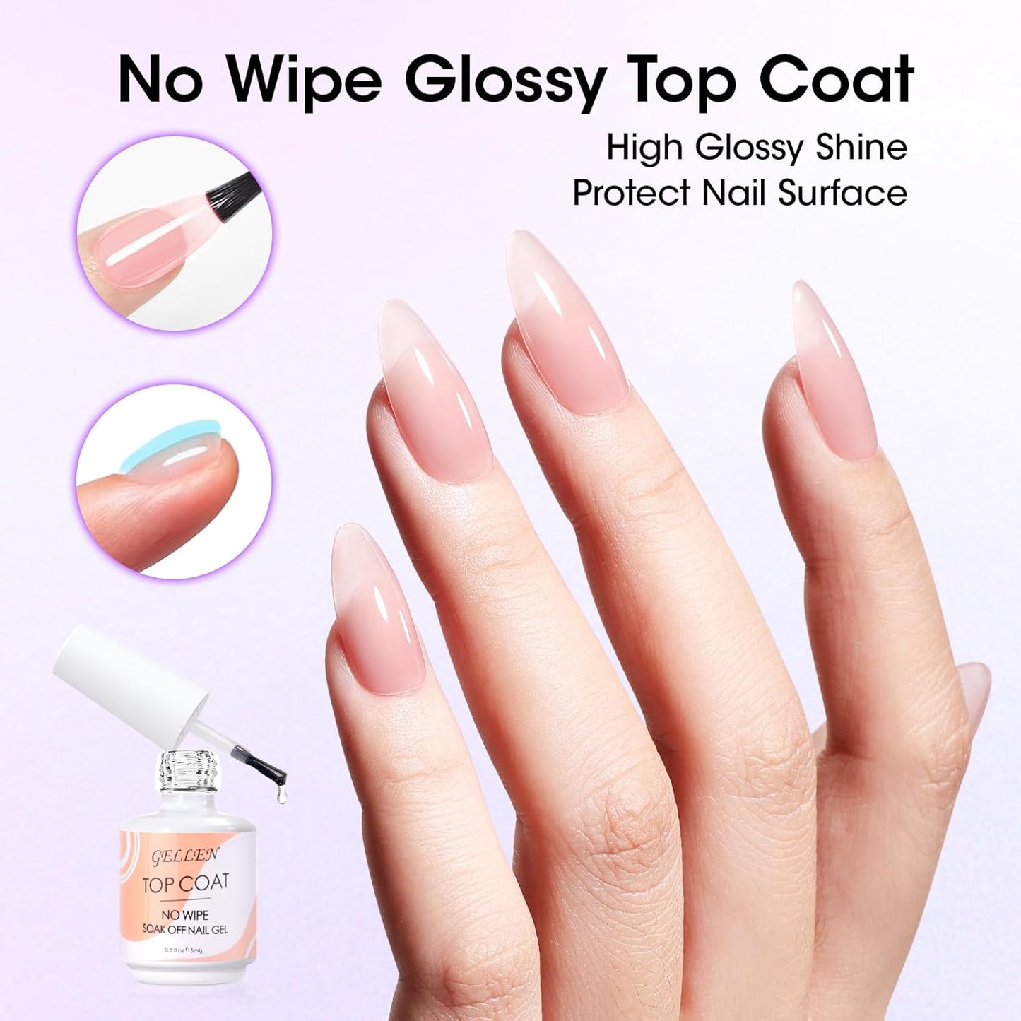 Gellen Nail Glue Gel & No Wipe Top Coat, 5 in 1 UV Nail Glue for Acrylic Nails, High Shiny Top Coat Gel, Curing Needed Extend Gel for False Tips & Clear Press on Nails, Home Salon DIY Manicure