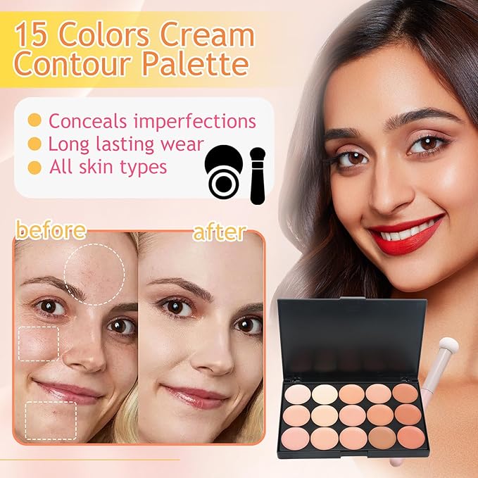 15 Colors Cream Contour Palette,Lightweight Concealer Full Coverage Contouring Liquid Foundation Palette,Multi-use Blendable Color Corrector Concealer Palette with Makeup Sponge