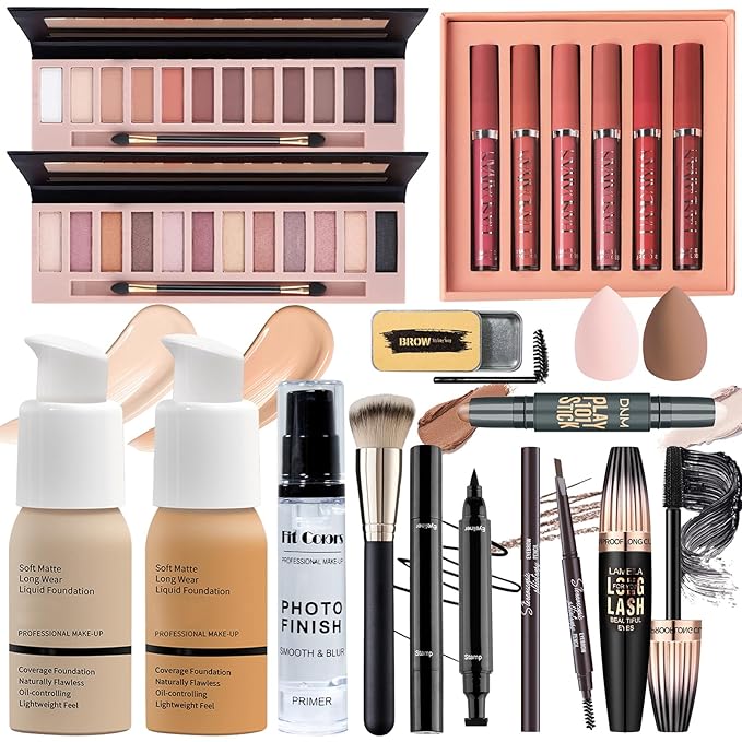 Full Makeup Set Kit for Women Girls Teens, Makeup Present Set, Foundation Face Primer, Eyeshadow Eyeliner Eyebrow Pencil Soap Mascara, Counter Stick Liquid Lipsticks, Brush & Sponges