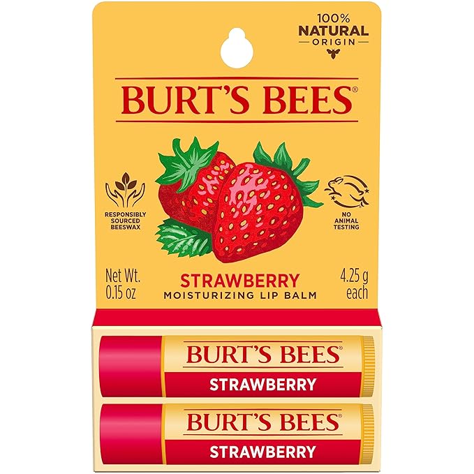 Burt's Bees Lip Balm Mothers Day Gifts for Mom - Strawberry, Lip Moisturizer With Responsibly Sourced Beeswax, Tint-Free, Natural Origin Conditioning Lip Treatment, 2 Tubes, 0.15 oz.