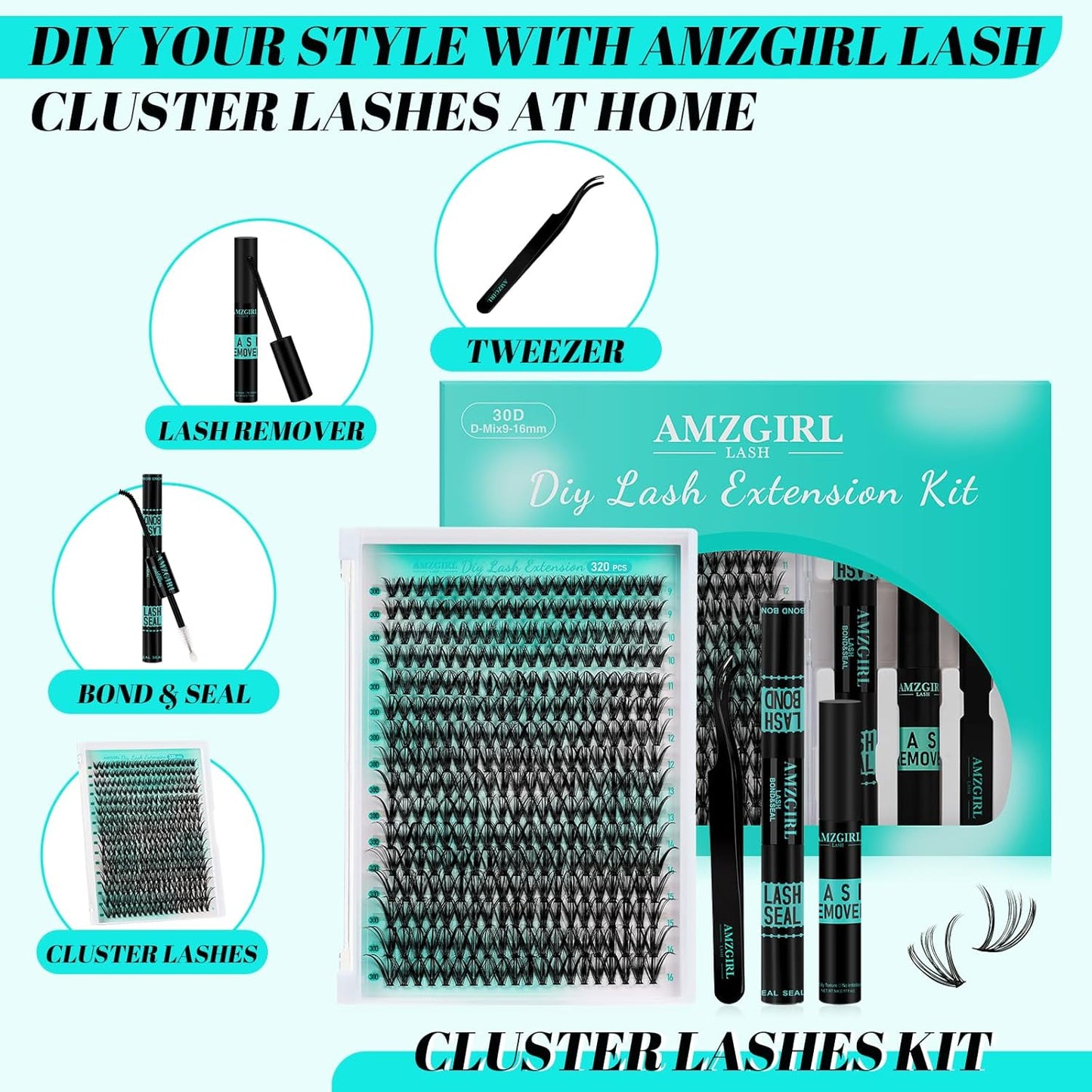 Lash Extension Kit 320Pcs,DIY Individual Lashes Clusters Kit,Lash Bond And Seal,Lash Remover For Eyelashes Extensions,Lash Applicator Tool For False Eyelash Cluster Kit At Home(30D,D-Mix9-16mm Kit)