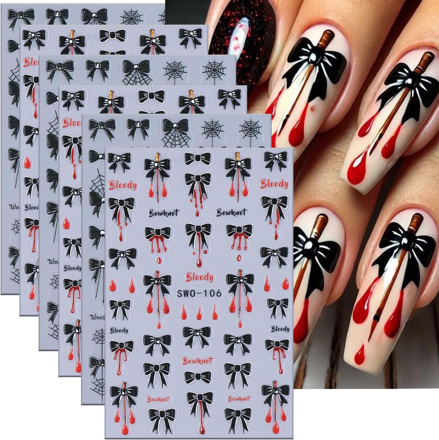6 Sheets Halloween Nail Art Stickers 3D Self -Adhesive Black Bow Spider Web Nail Decals Holographic Bat Blood Drops Nail Stickers Halloween Nail Decoration for Women Manicure Supplies