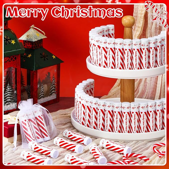 50 Pack Christmas Candy Peppermint Cane Lip Balms Bulk Holiday Flavor Collection Lip Balm Gifts Christmas Stocking Party Gifts Goodie Bags Stuffers for Women Men Staff Employee