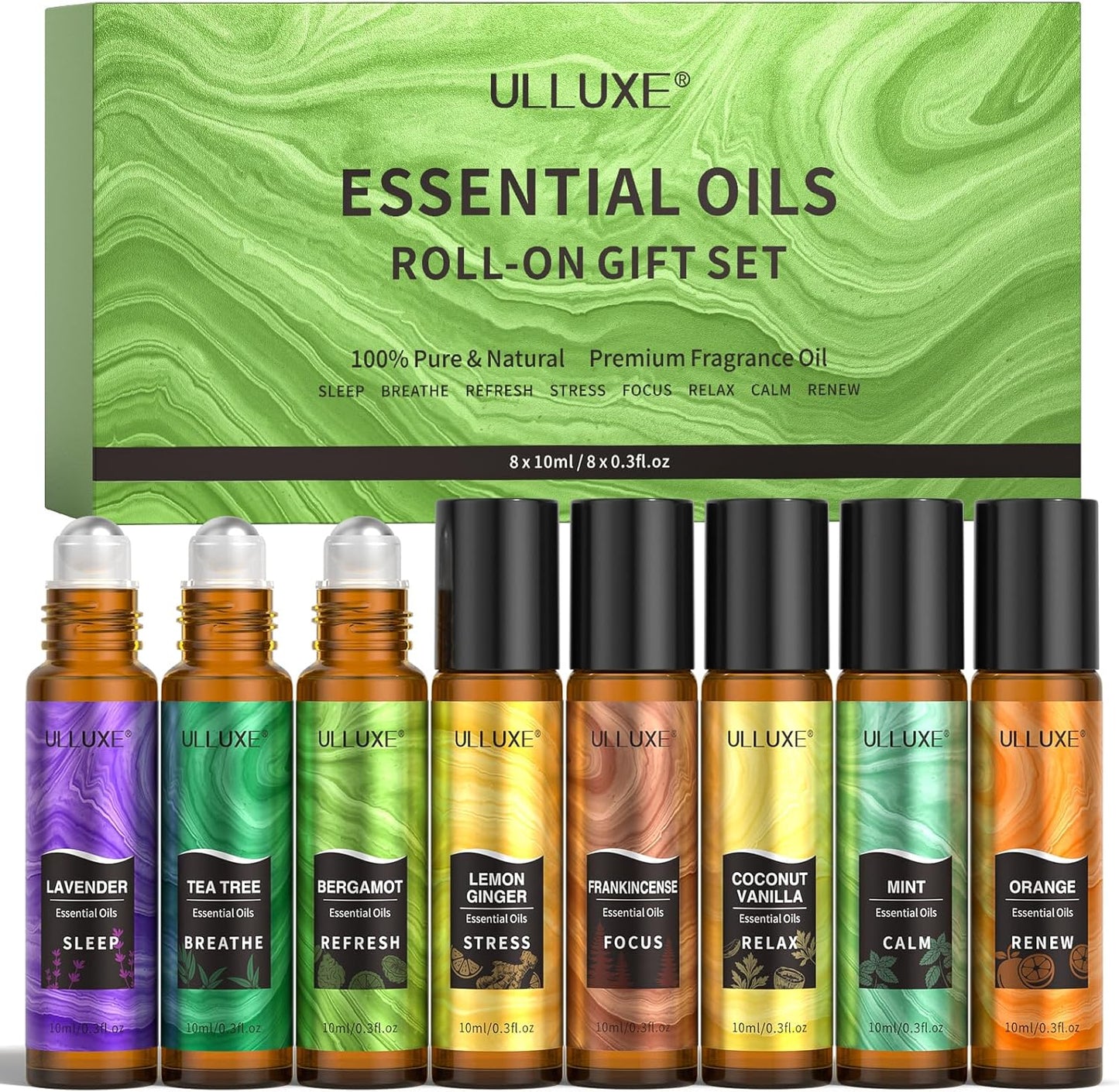 Essential Oils Roll On Set (8 Pack) 8 Scent, Essential Oil with Roller Ball, Natural Aromatherapy Oil for Skin, Stress Comfort, Calming, Relaxation Self Care Gift Set for Women and Men