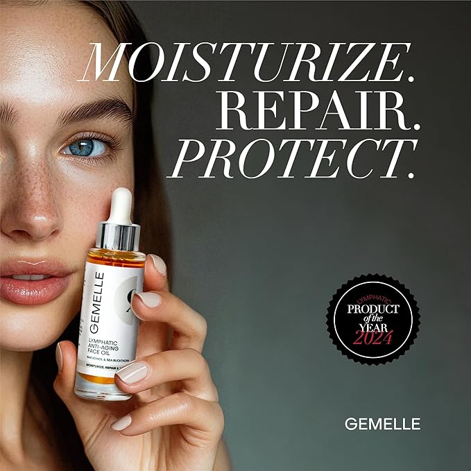 GEMELLE Lymphatic Anti-Aging Face Oil | 10x Award Winner | Vitamin C,E,A | Moisturize, Repair & Protect | Premium Natural Botanical Oil | Use with Face Massage, Lymphatic Drainage Massager - 30ml