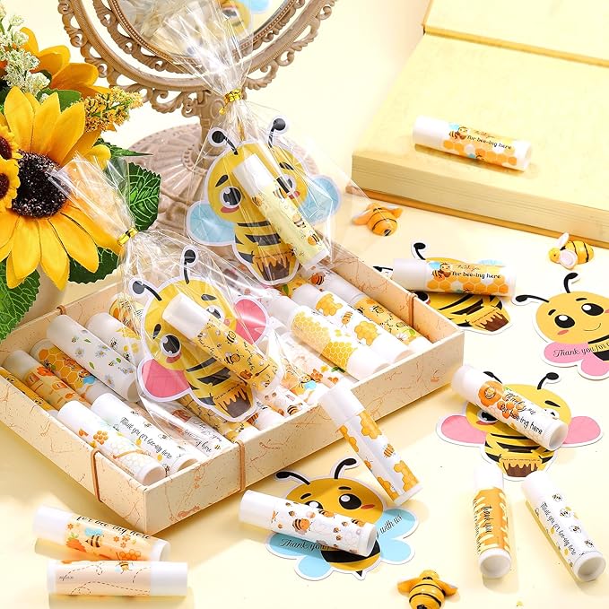 48 Sets Bee Lip Balm with Bee Themed Thank Card Tags Baby Shower Favor Bulk Bee Themed Gifts for Baby Shower Baptism Birthday Party Supplies Christmas Party