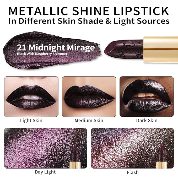 Oulac Metallic Black Lipstick for Women, High-Impact Lipcolor with Moisturizing Creamy Formula, Vegan & Cruelty-Free, Full-Coverage Matte Lipstick, Midnight Mirage (21)