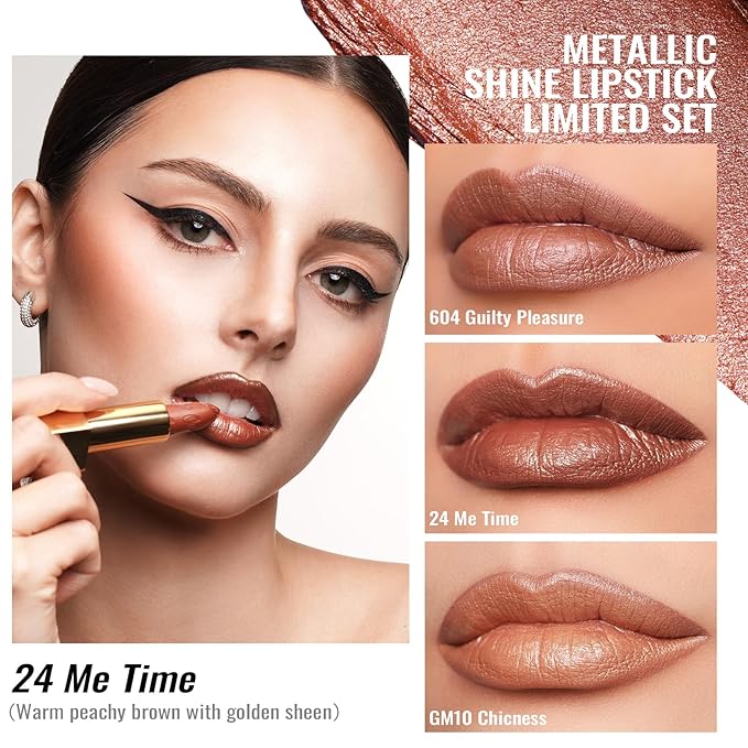 Oulac Metallic Brown Lipstick Set 3PCS, Comfortable Creamy Texture, Smooth No Grainy Feeling, Vegan & Gluten Free, Full-Coverage Lip Makeup, 3 X 4.3 g, 604+24+GM10