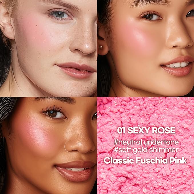 Hope Girl 3D Powder Blusher 0.17oz | Skin-Loving Korean Mini Blush for Cheeks and Eye Makeup w/Allantoin | K Beauty Cool Toned Vibrant Sunkissed Fine Powder Makeup Blush Cosmetics (#01 Sexy Rose)