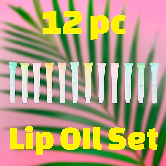 Expressions 12pc Lip Oil Set - Flavored Lip Oils Value Pack, Hydrating Lip Oils w/Squeeze Tube Application, Moisturizing Lip Oil Collection for Everyday Lip Care and Lip Repair (FRUITS)